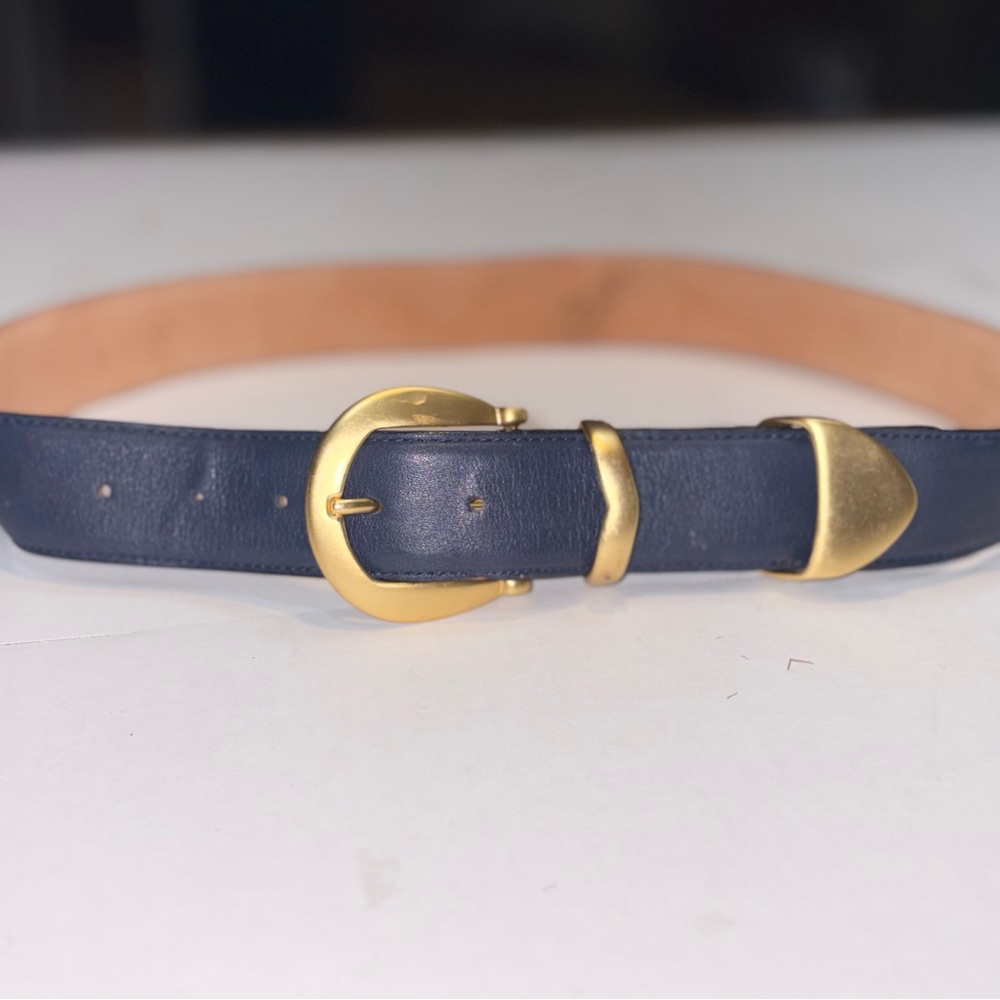 Americana by Sharif navy blue leather belt featuring three-piece gold buckle lg